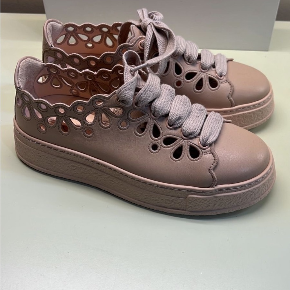 Nwt Agl Cutout Leather Platform Sneakers In Tan Beige Made In Italy